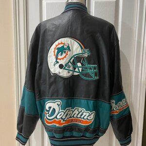 Y2K 90’s NFL MIAMI DOLPHINS MOTO JACKET Sz XL BLACK/ TEAL ORANGE RETRO FOOTBALL